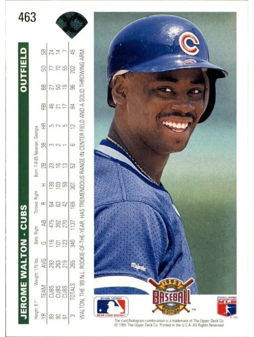 Jerome Walton 1992 Upper Deck MLB #463 Baseball Card Chicago Cubs